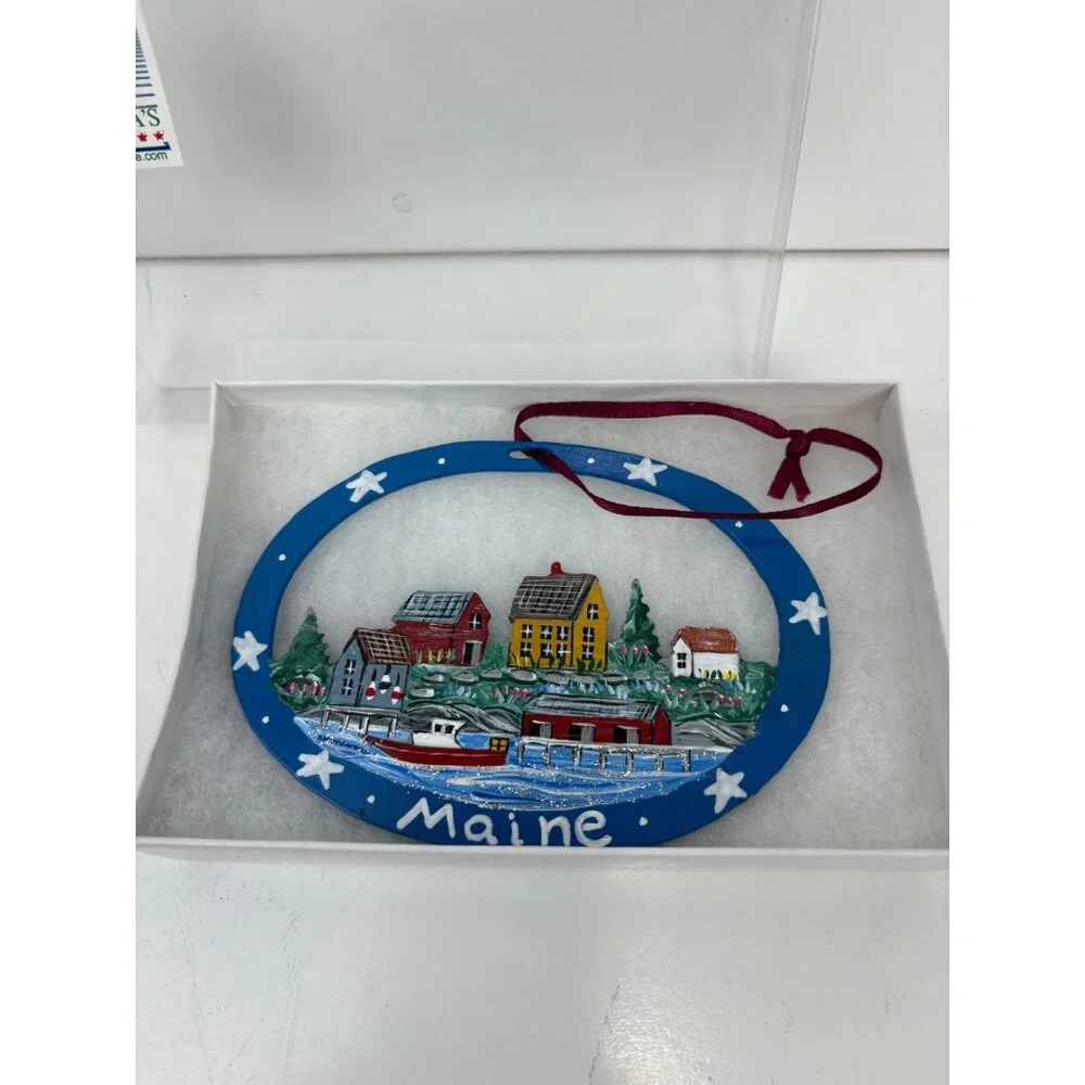 Maine Christmas Cut Metal‎ Ornament Village Scene Handpainted Made In USA